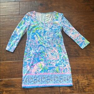 Lilly Pulitzer Blue and Pink Sheath Dress with 3/4 Sleeves